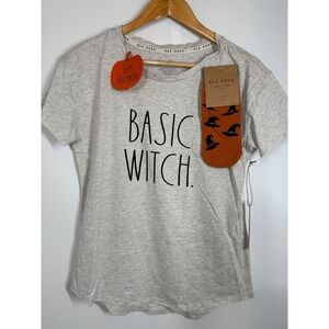 NWT Rae Dunn 'Basic Witch' Halloween T-Shirt Tee Top & Hat Socks Set Womens Sz S